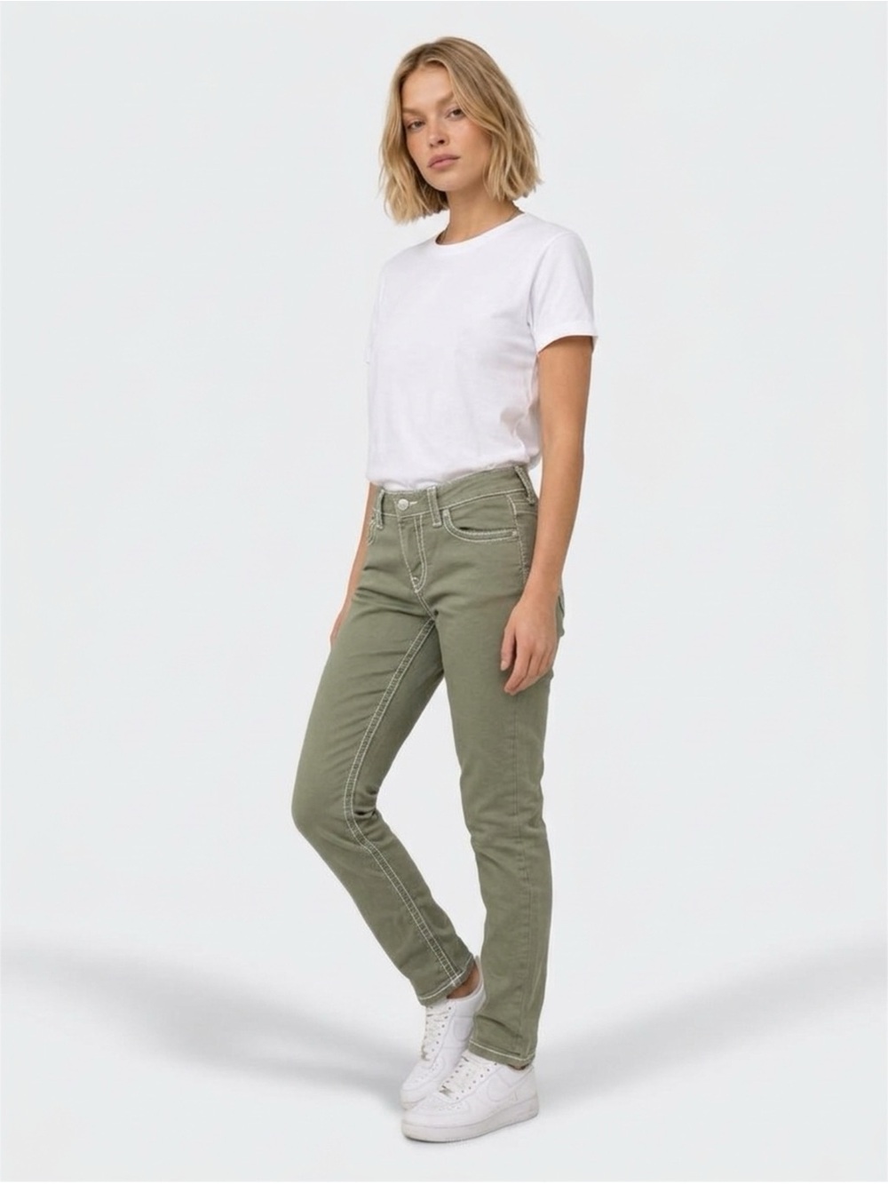 Seven7 Olive Straight-Leg Jeans with Contrast Stitching